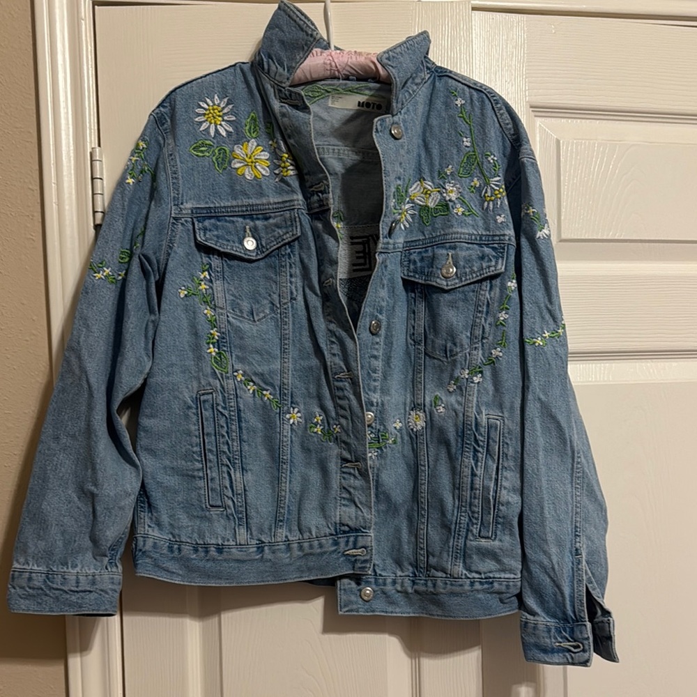 Topshop Blue Floral Embroidered Jean Jacket